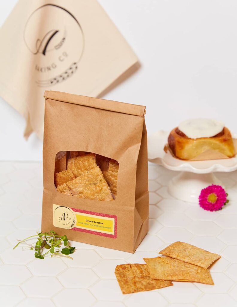Label design by Olive Ridley Studios for Auspicious Baking Co: Greek Crackers