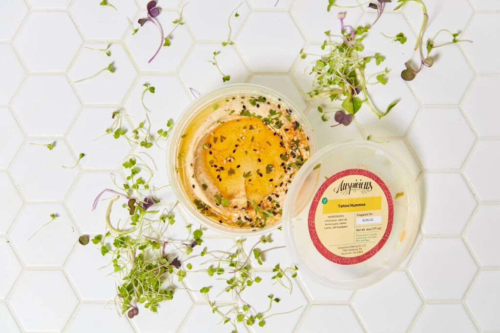 Label design by Olive Ridley Studios for Auspicious Baking Co: Tahini Hummus
