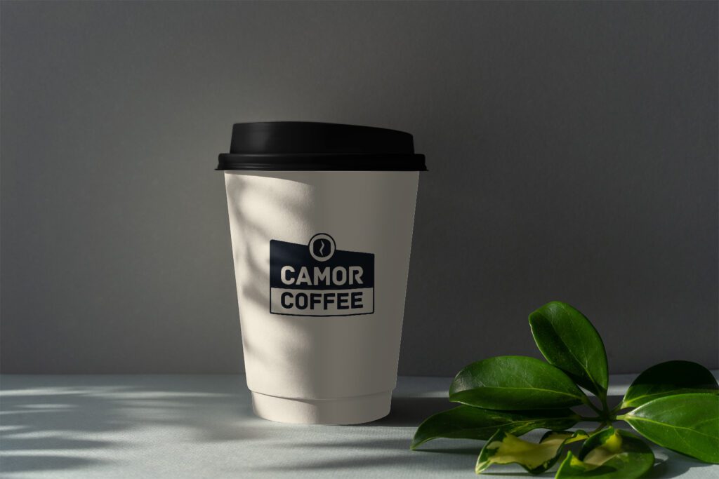 Visual brand identity design for Camor Coffee created by Olive Ridley Studios: coffee cup mockup