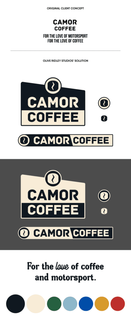 Visual brand identity design for Camor Coffee created by Olive Ridley Studios