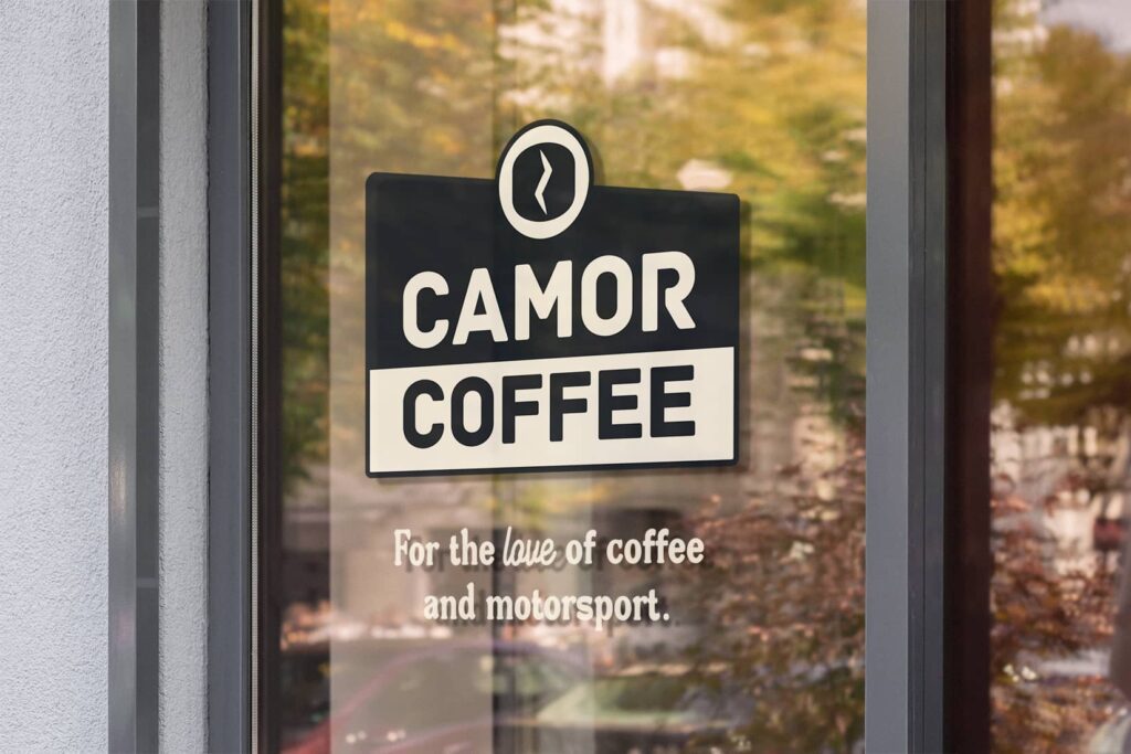 Visual brand identity for Camor Coffee designed by Olive Ridley Studios: primary logo and tagline shown on a glass door