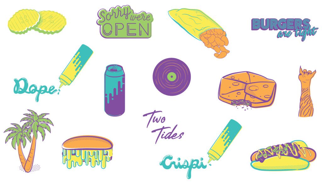 Brand pattern design for Two Tides Crispi by Olive Ridley Studios: illustrated icons used to create the pattern