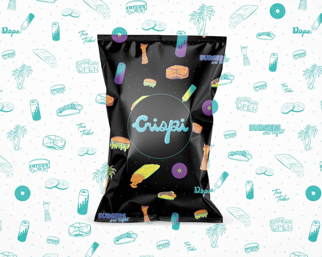 Brand pattern design for Two Tides Crispi by Olive Ridley Studios: mocked up as a bag of chips with the full-color pattern on the chip back and the one-color pattern in the background