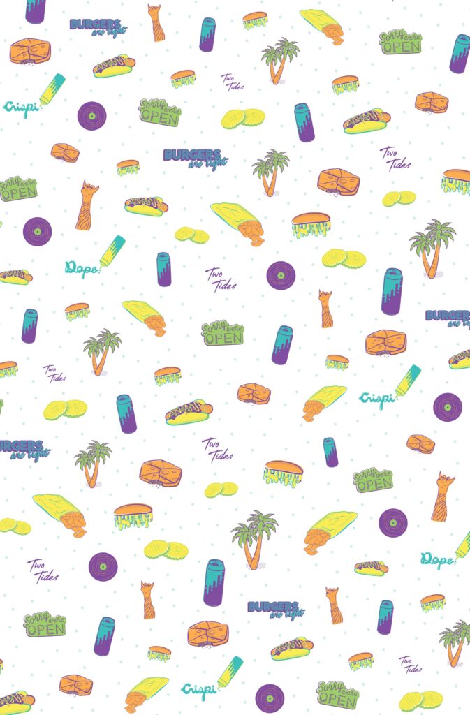 Brand pattern design for Two Tides Crispi by Olive Ridley Studios: full-color pattern featuring illustrations of menu items and other brand-related graphics