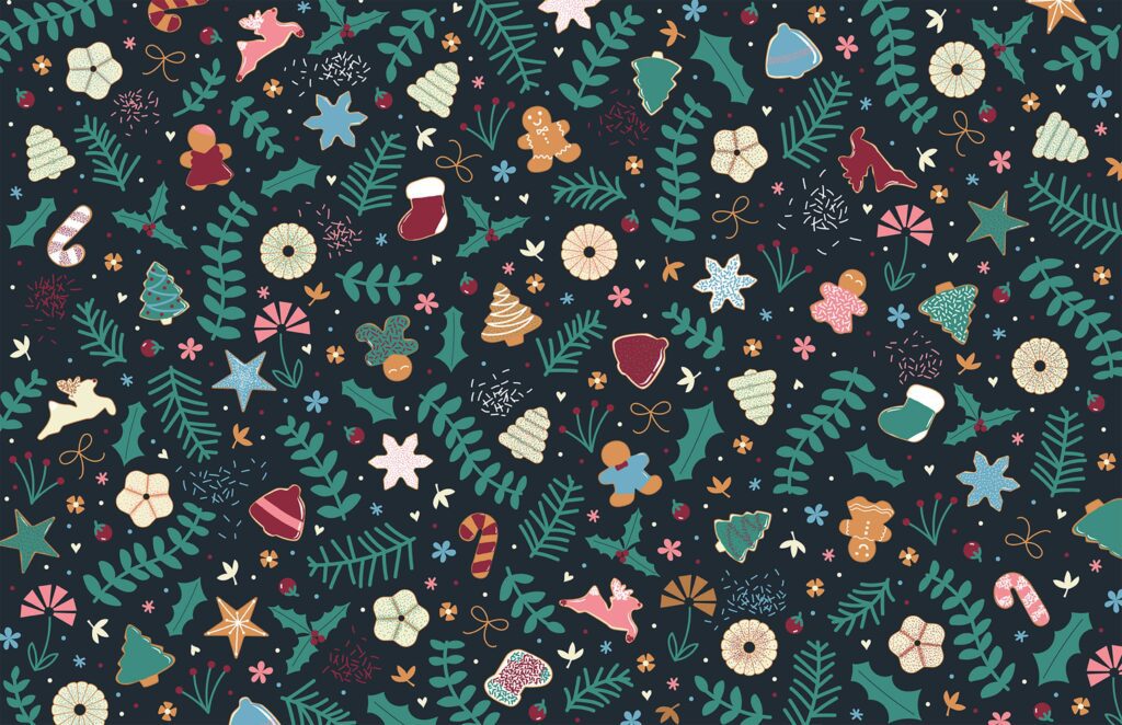Custom pattern created to be printed as sustainable, holiday wrapping paper for Lite Foot Company, designed by Olive Ridley Studios