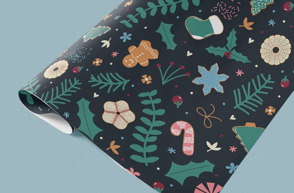 Sustainable, holiday wrapping paper for Lite Foot Company, designed by Olive Ridley Studios