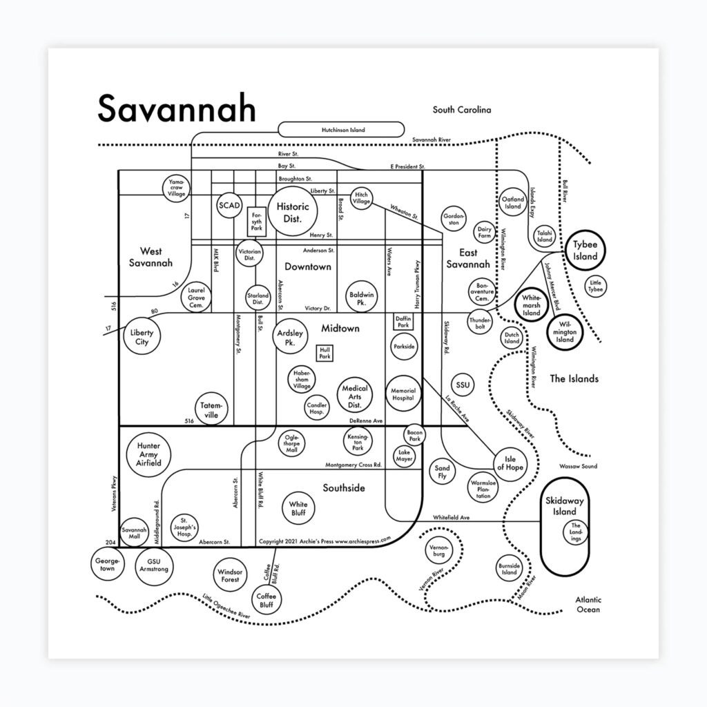 Map of Savannah created through a collaboration between Olive Ridley Studios and Archie's Press