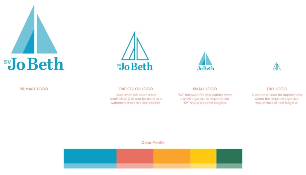 Visual brand identity design for SV Jo Beth by Olive Ridley Studios: responsive logo suite and color palette