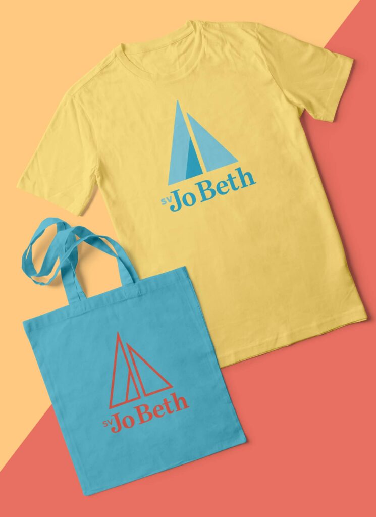 Visual brand identity design for SV Jo Beth by Olive Ridley Studios: a t-shirt and tote bag mockup on a brightly colored background