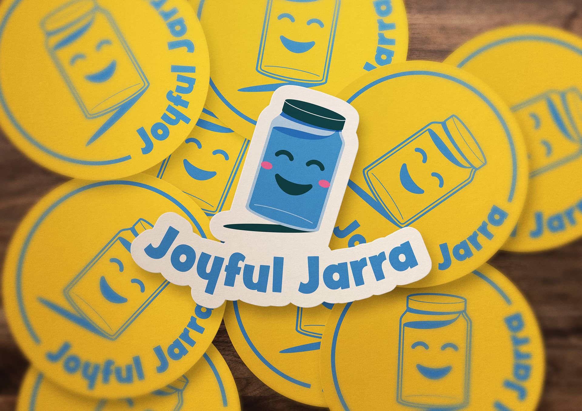 Visual brand identity design created for Joyful Jarra by Olive Ridley Studios - logos shown mocked up as printed stickers