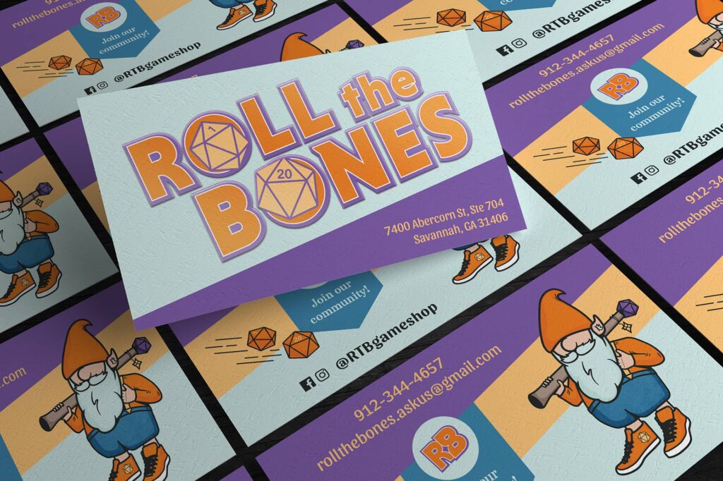 Business cards designed for Roll the Bones by Olive Ridley Studios