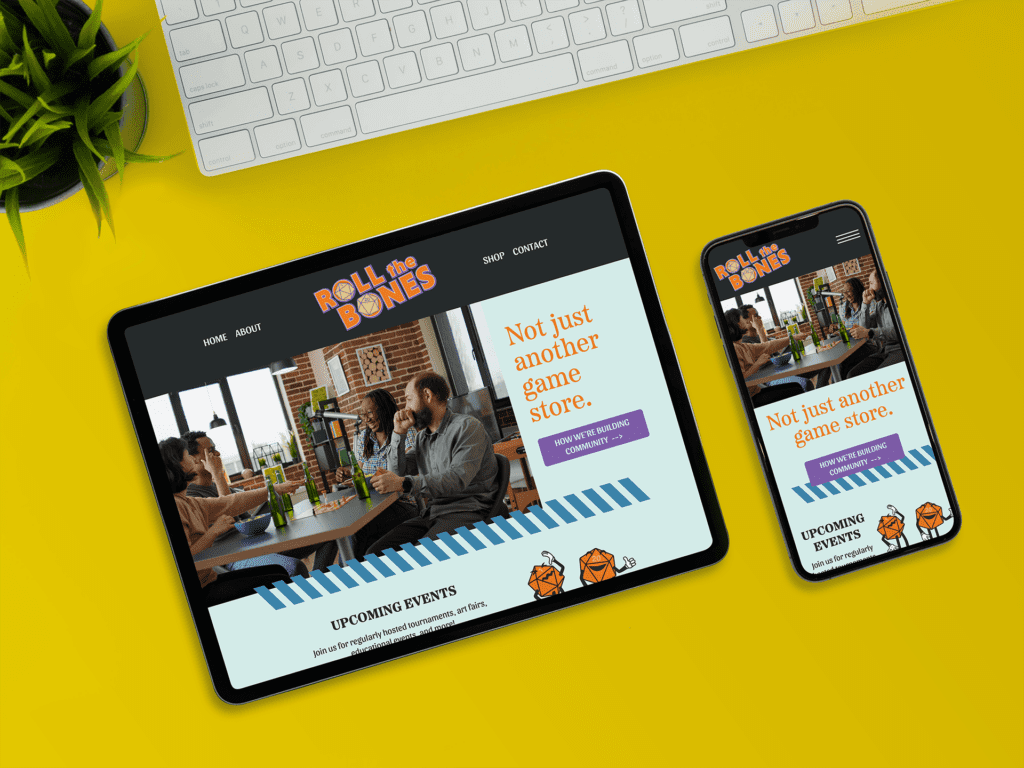 Visual brand identity design created for Roll The Bones by Olive Ridley Studios - website mockup