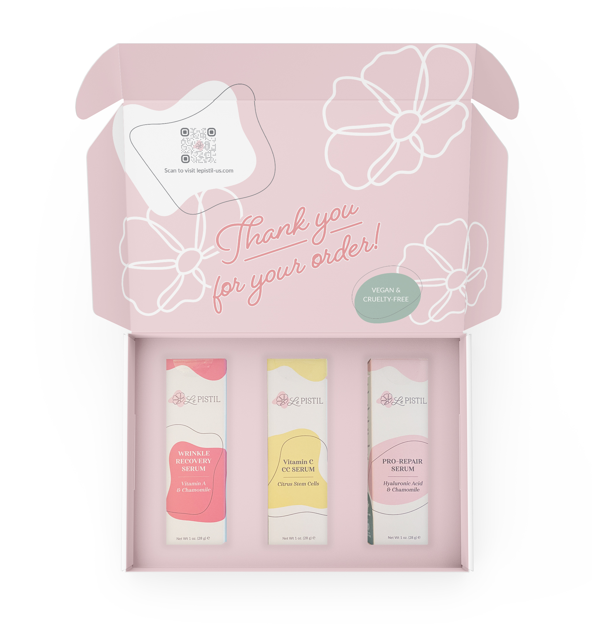 A custom mailer box for Le PISTIL shown open with three boxes of serum inside