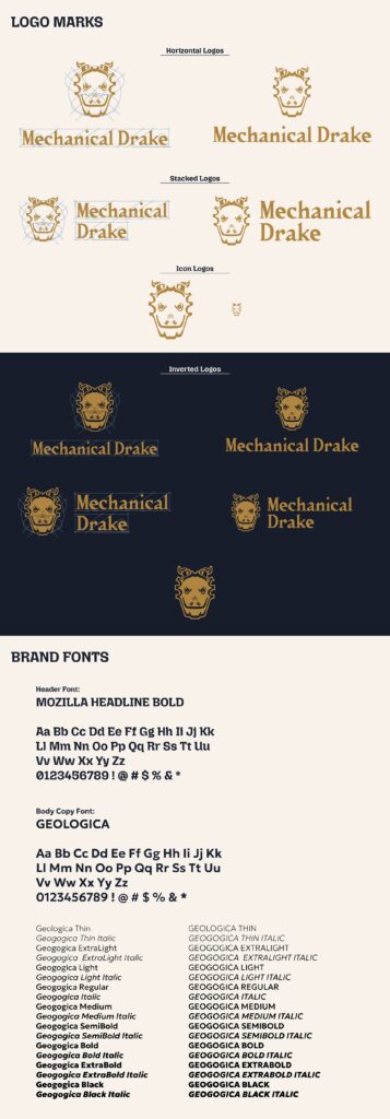 Mechanical Drake brand identity design featuring a full logo suite and brand fonts.